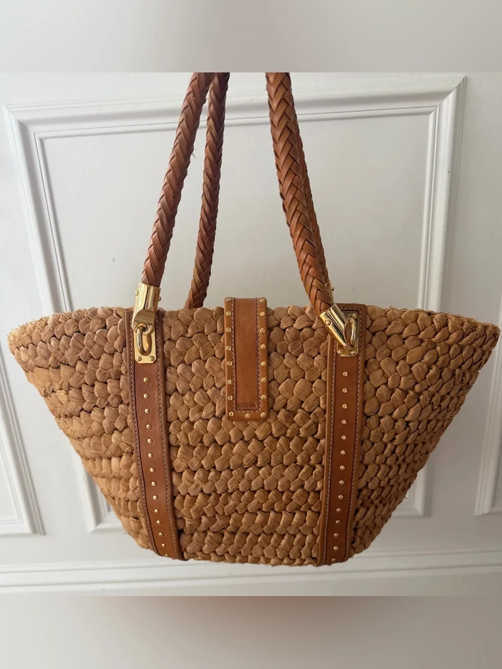 Michael Kors Large Woven Straw Tote Bag Leather Trim Gold Stud Beach Purse